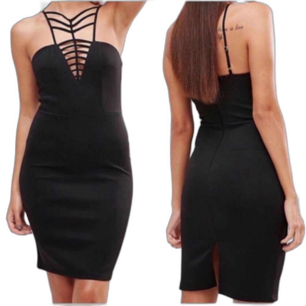 Club L London Black V-Neck Cage Detail Mini Dress Size 6 Sexy Party LBD